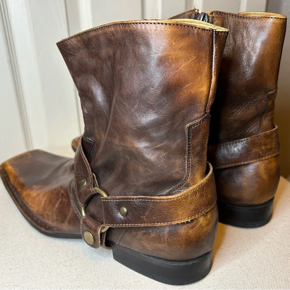 Impulse Men's Brown Leather Harness Boots Square Toe Biker Rocker Cowboy Sz 9
